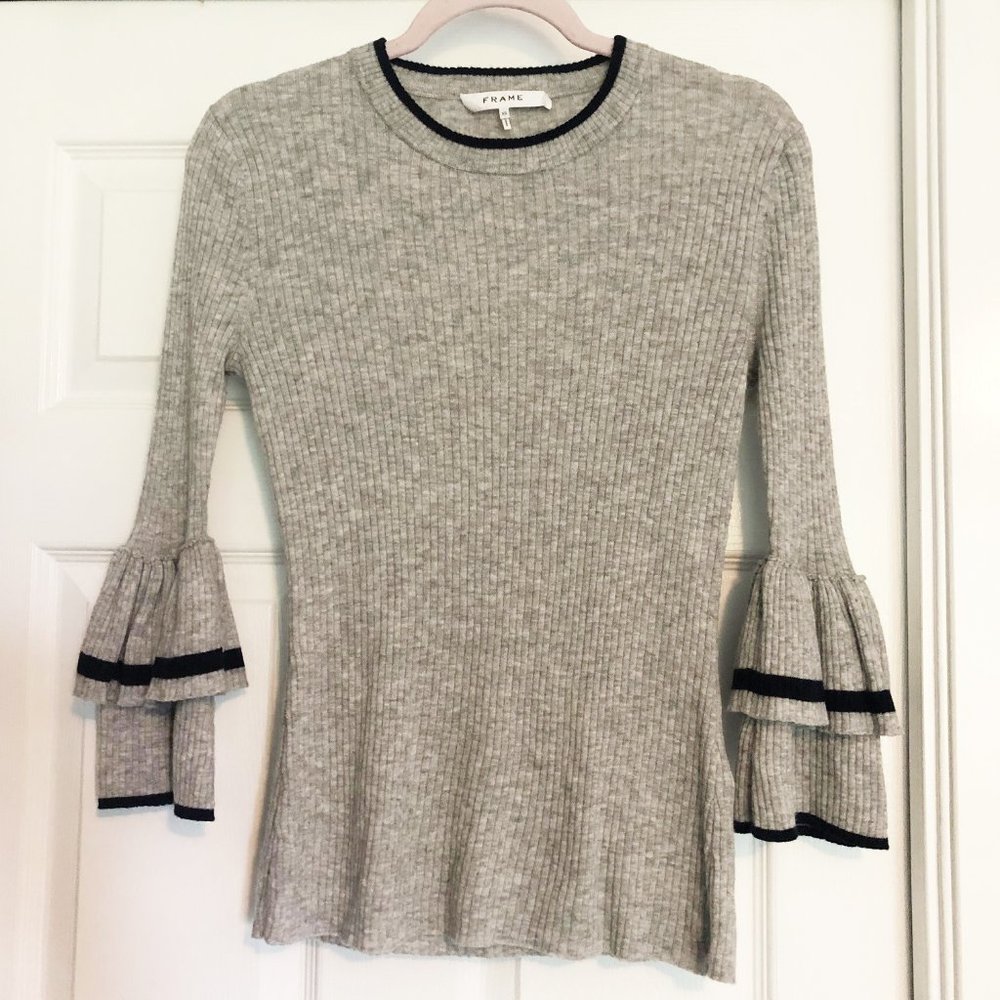 FRAME | Ruffle-Cuff Sleeves Rib-Knit Wool Sweater | Size XS - Picture 3 of 7